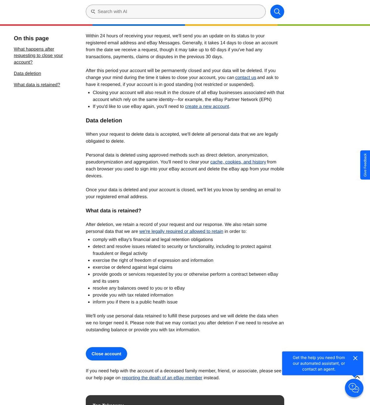 The official help page for how to delete your ebay account, captured 23 Oct 2026