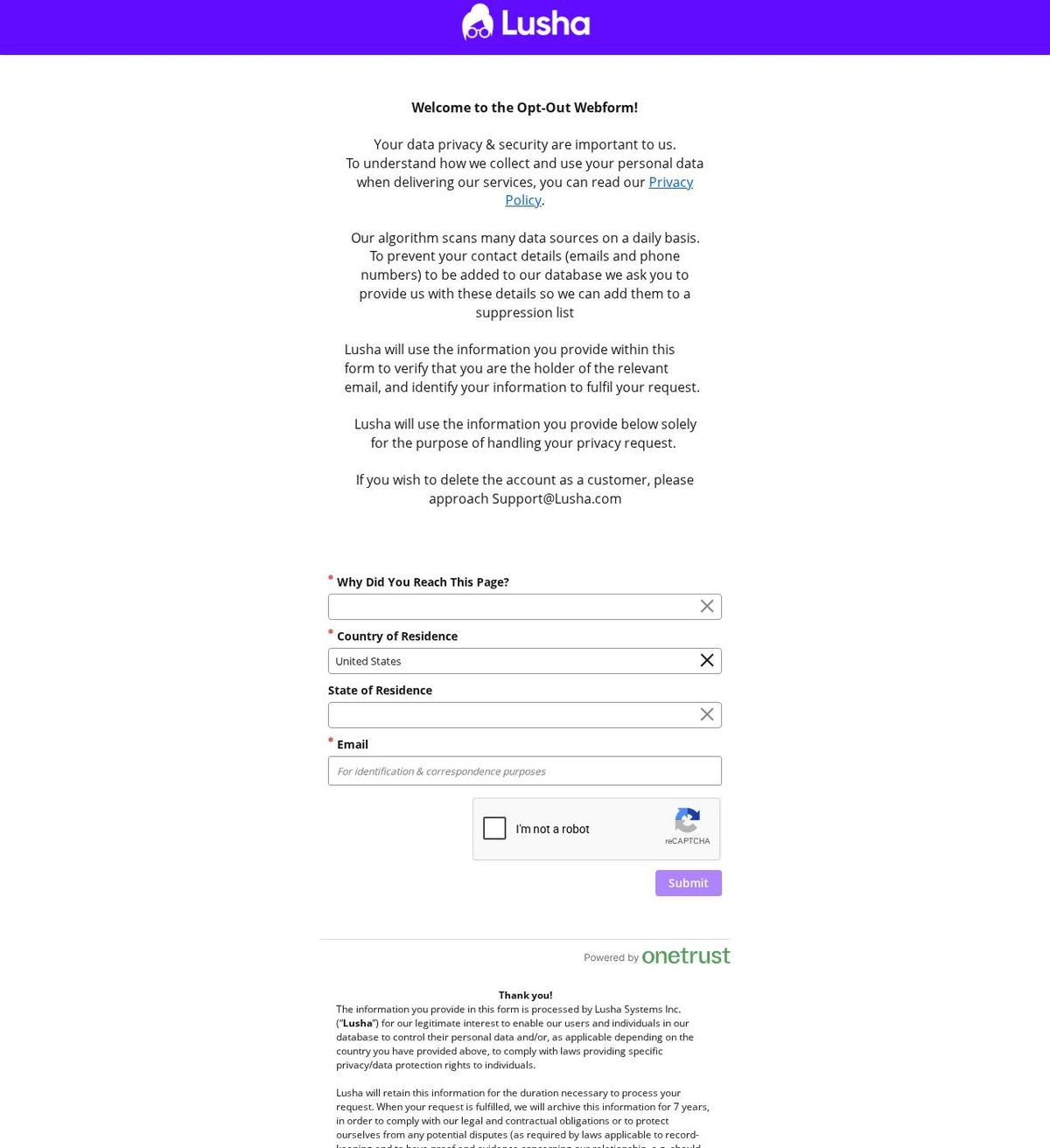 Lusha's opt-out page, captured 23 Oct 2026