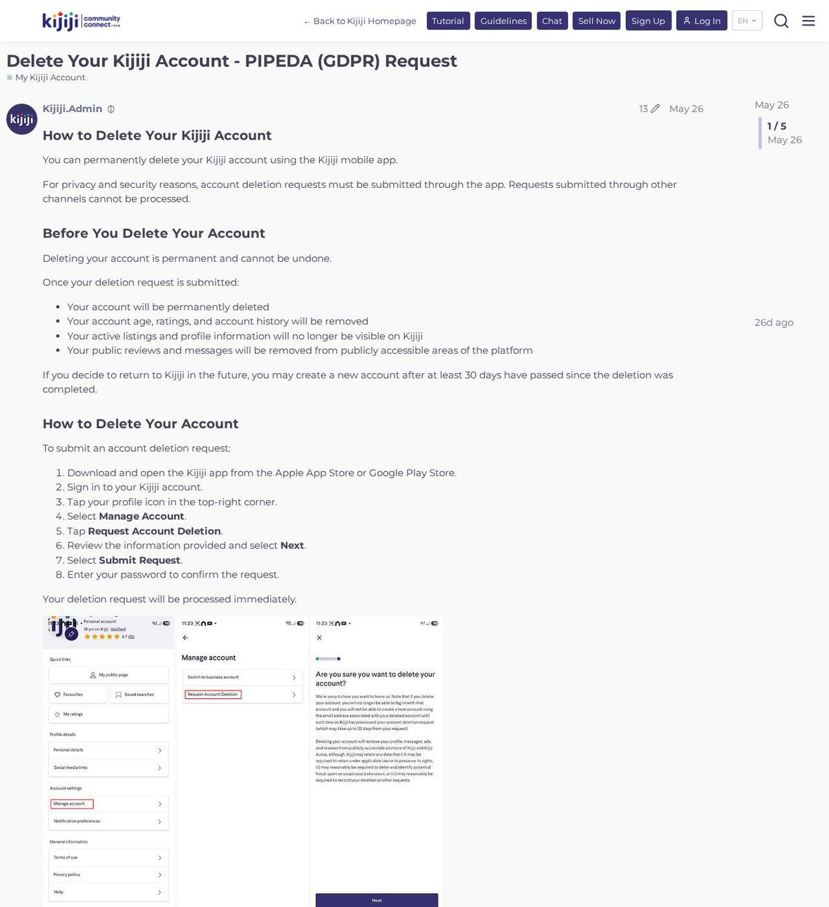 The official help page for how to delete your kijiji account, captured 23 Oct 2026