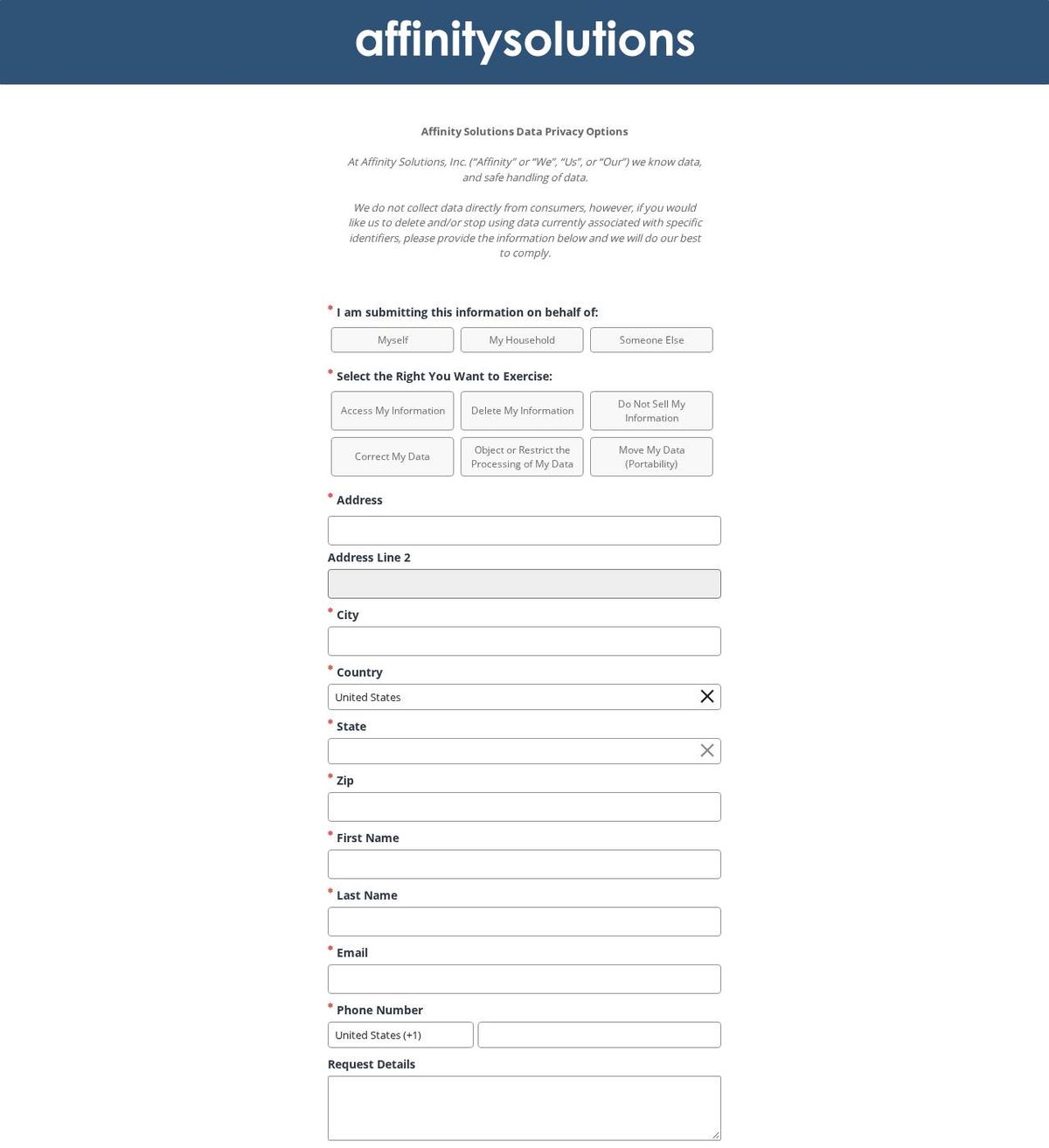 Affinity Solutions's opt-out page, captured 23 Oct 2026