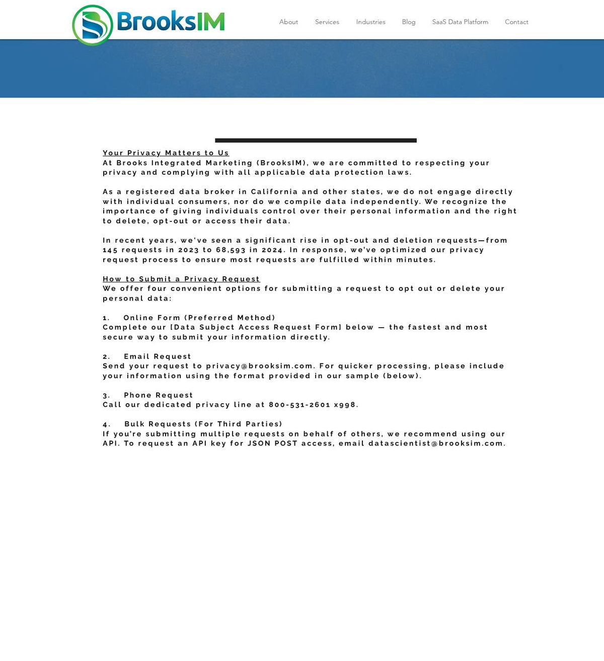 Brooks Integrated Marketing's opt-out page, captured 23 Oct 2026