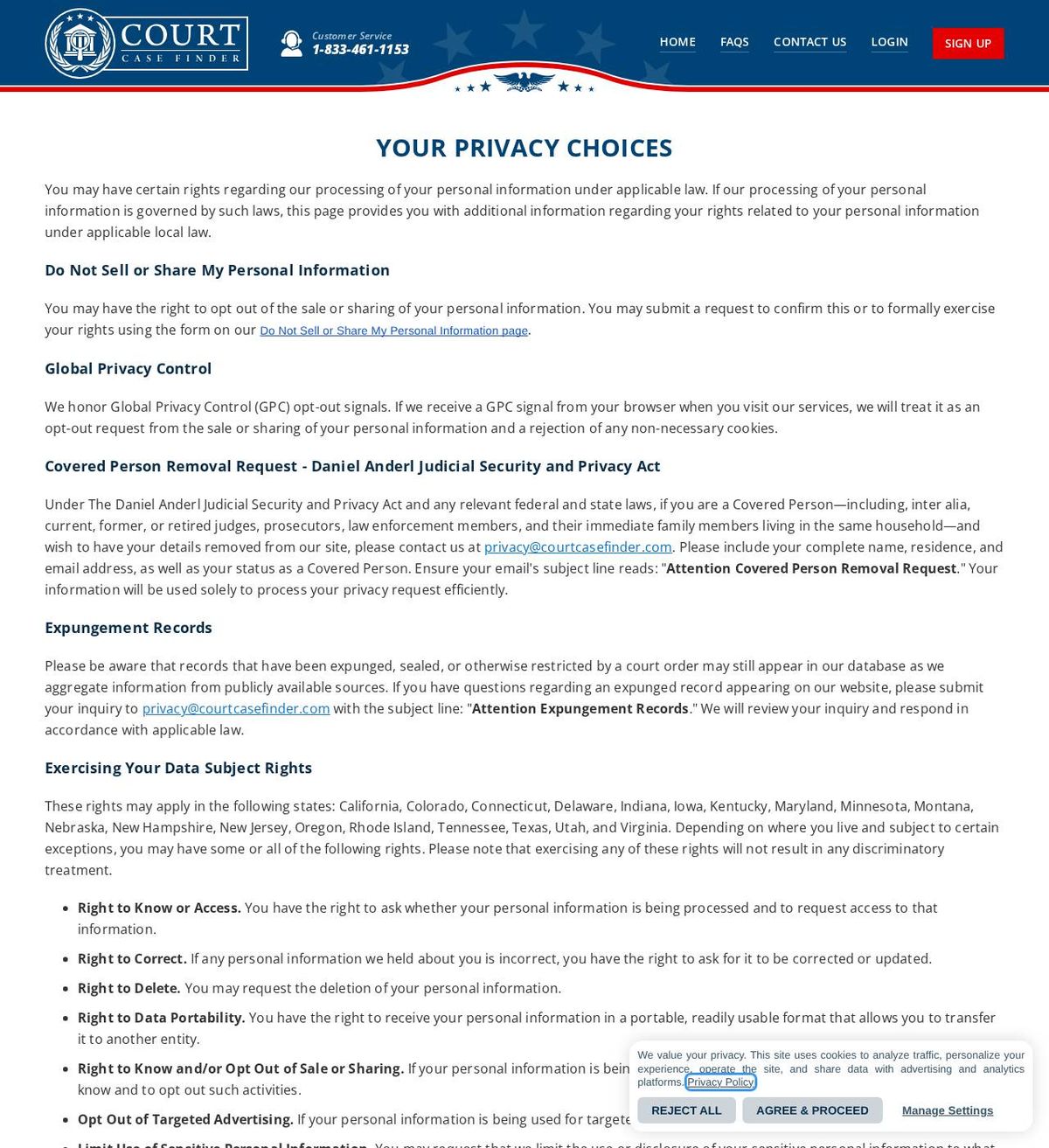 CourtCaseFinder's opt-out page, captured 23 Oct 2026