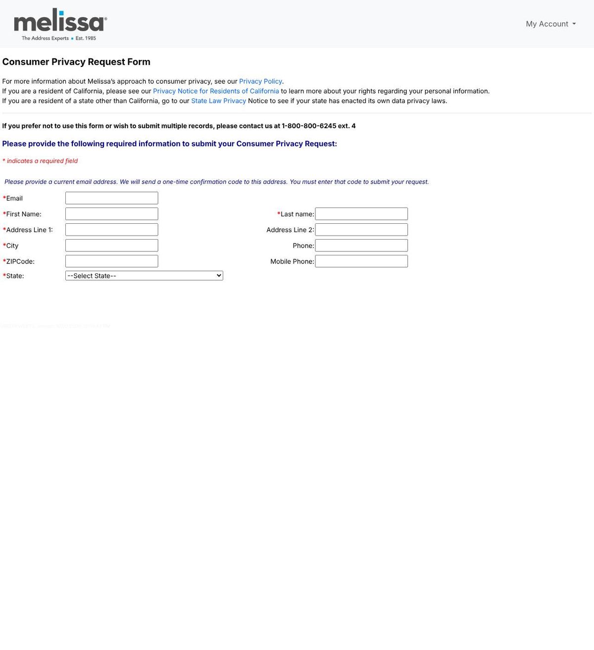 Melissa's opt-out page, captured 23 Oct 2026