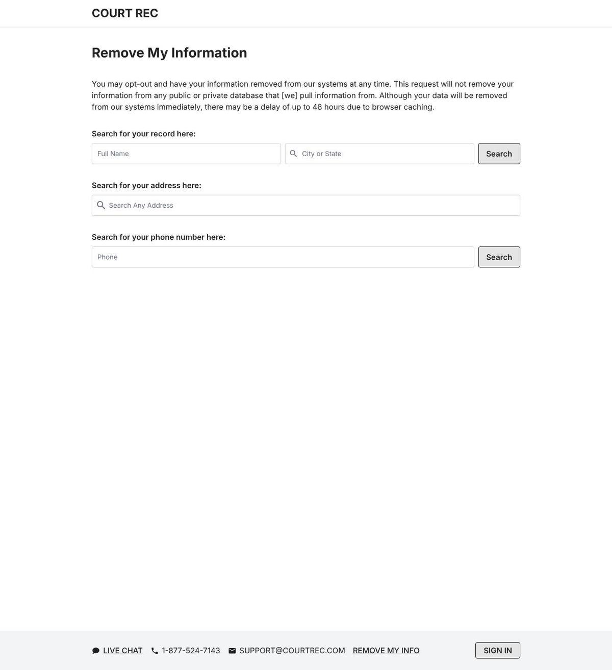 CourtRec.com's opt-out page, captured 23 Oct 2026