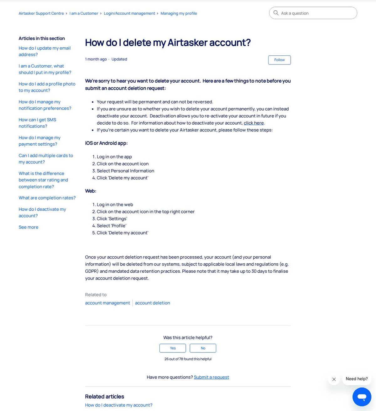The official help page for how to delete your airtasker account, captured 23 Oct 2026