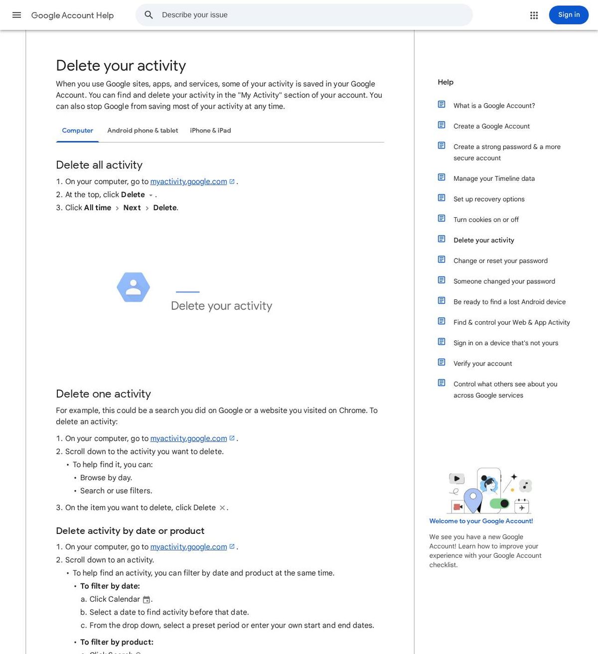 The official help page for how to delete your google account history, captured 23 Oct 2026