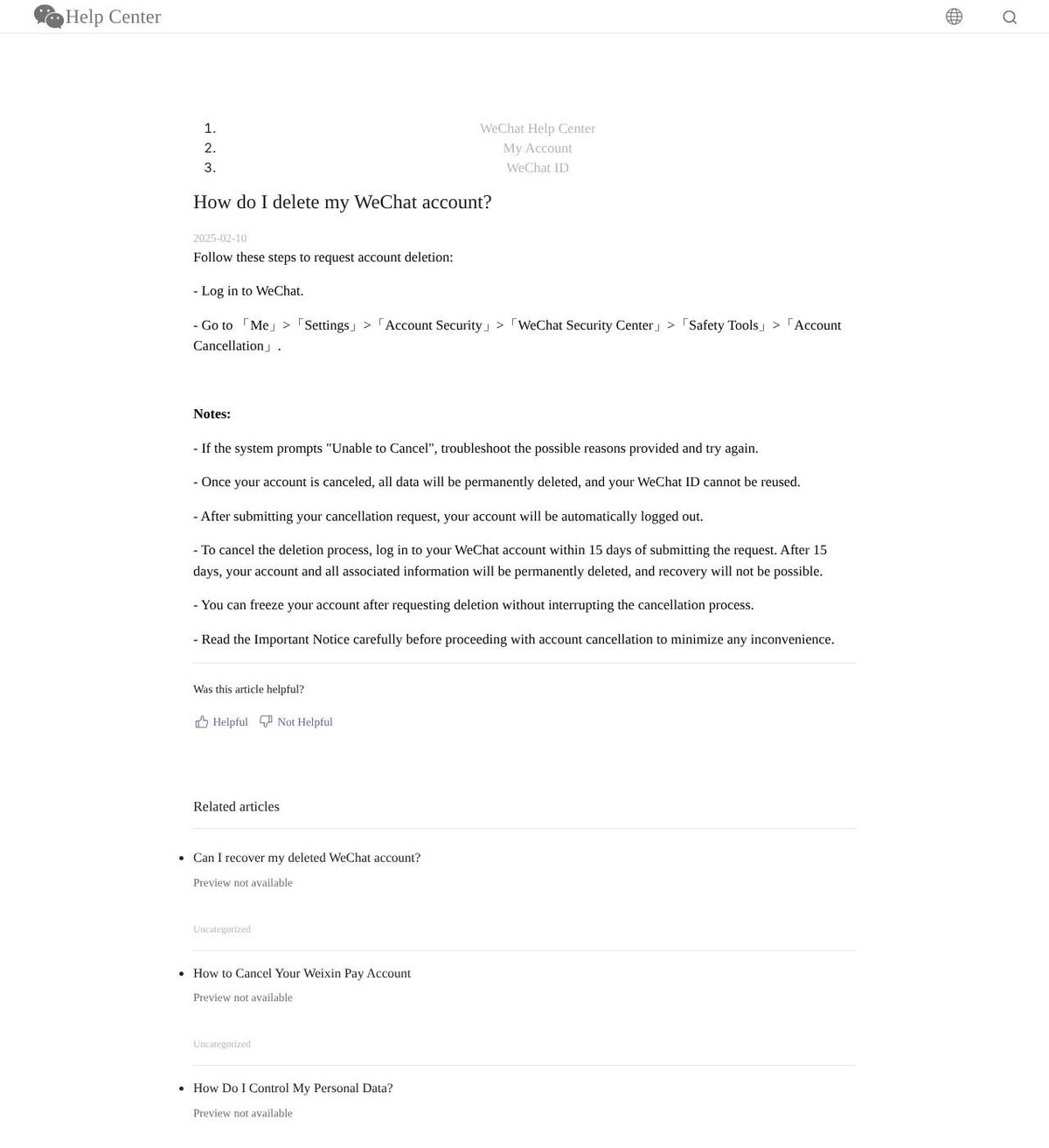 The official help page for how to delete your wechat account, captured 23 Oct 2026