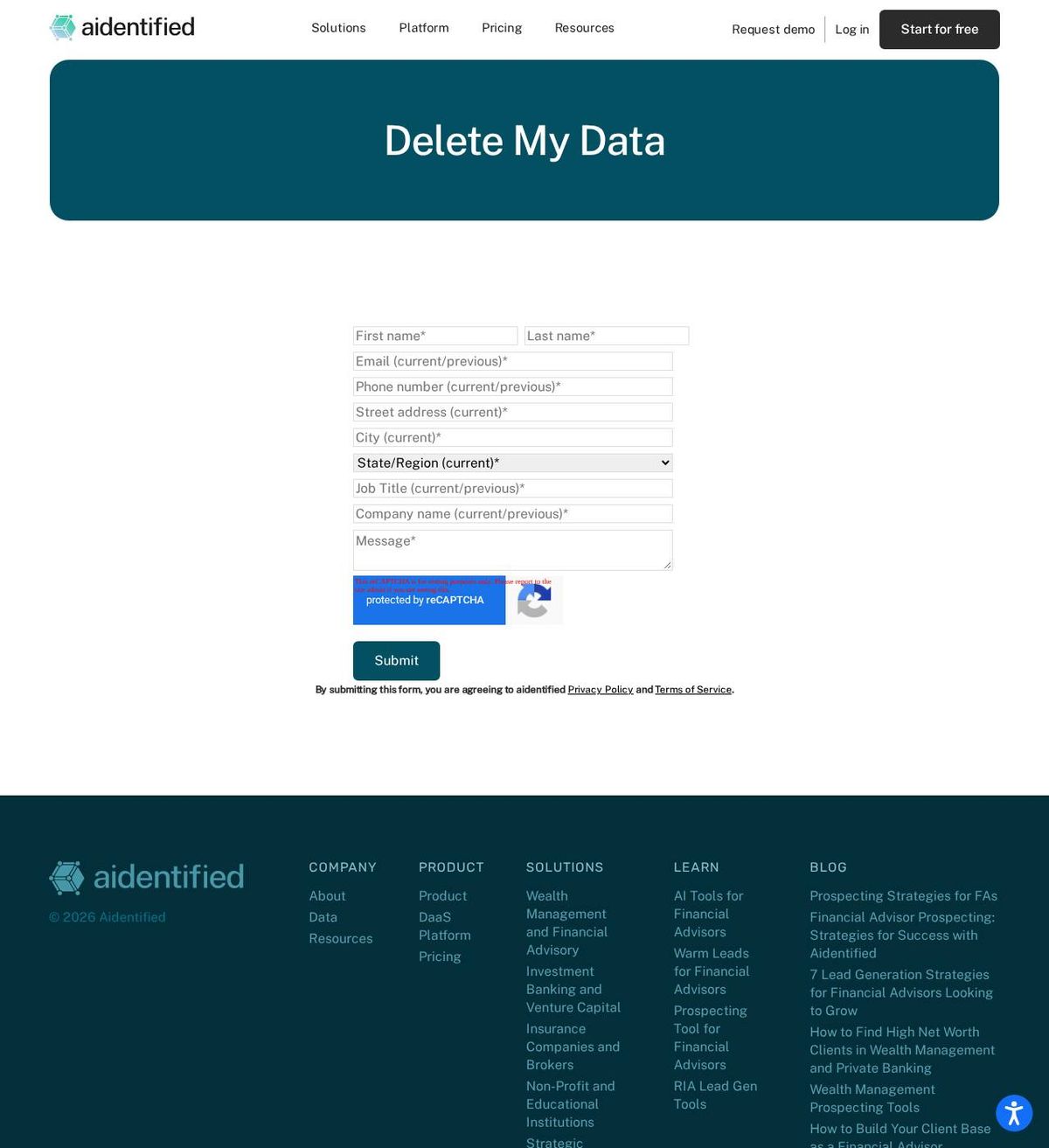 Aidentified's opt-out page, captured 23 Oct 2026