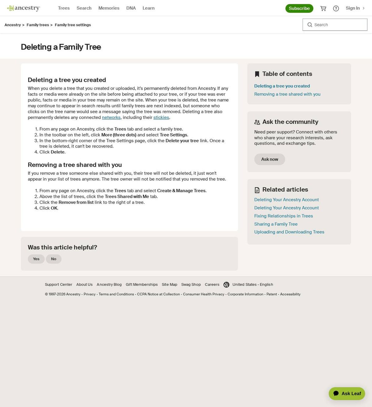 The official help page for how to delete a family tree on ancestry, captured 23 Oct 2026