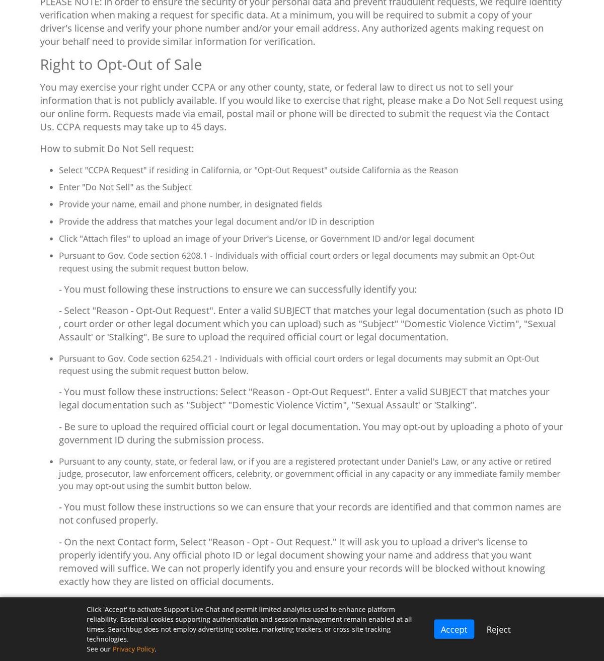 Searchbug, Inc.'s opt-out page, captured 23 Oct 2026