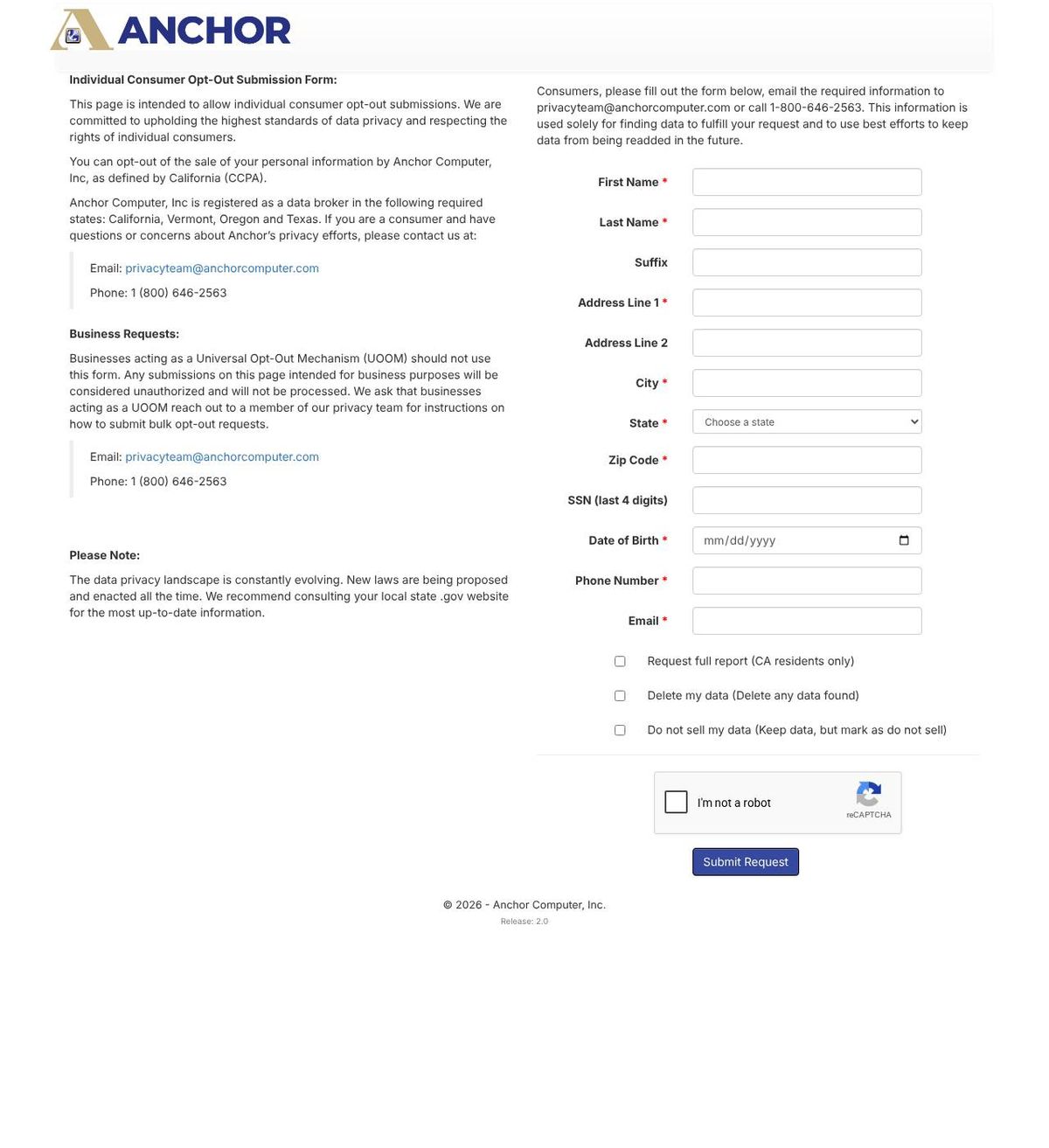 Anchor Computer's opt-out page, captured 23 Oct 2026