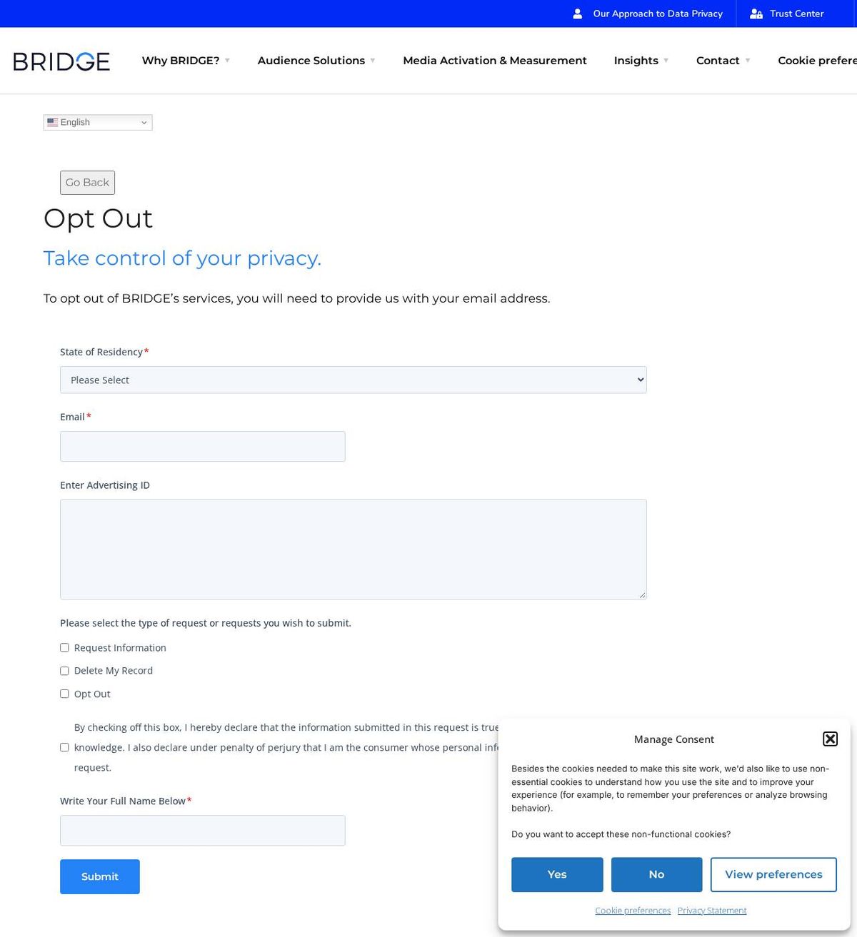 The Bridge Corp's opt-out page, captured 23 Oct 2026