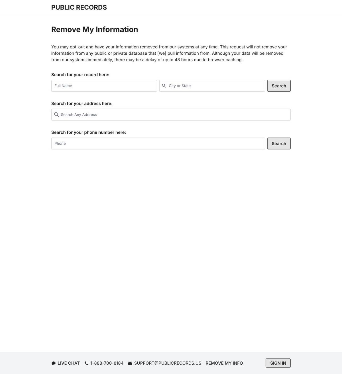 PublicRecords.us's opt-out page, captured 23 Oct 2026