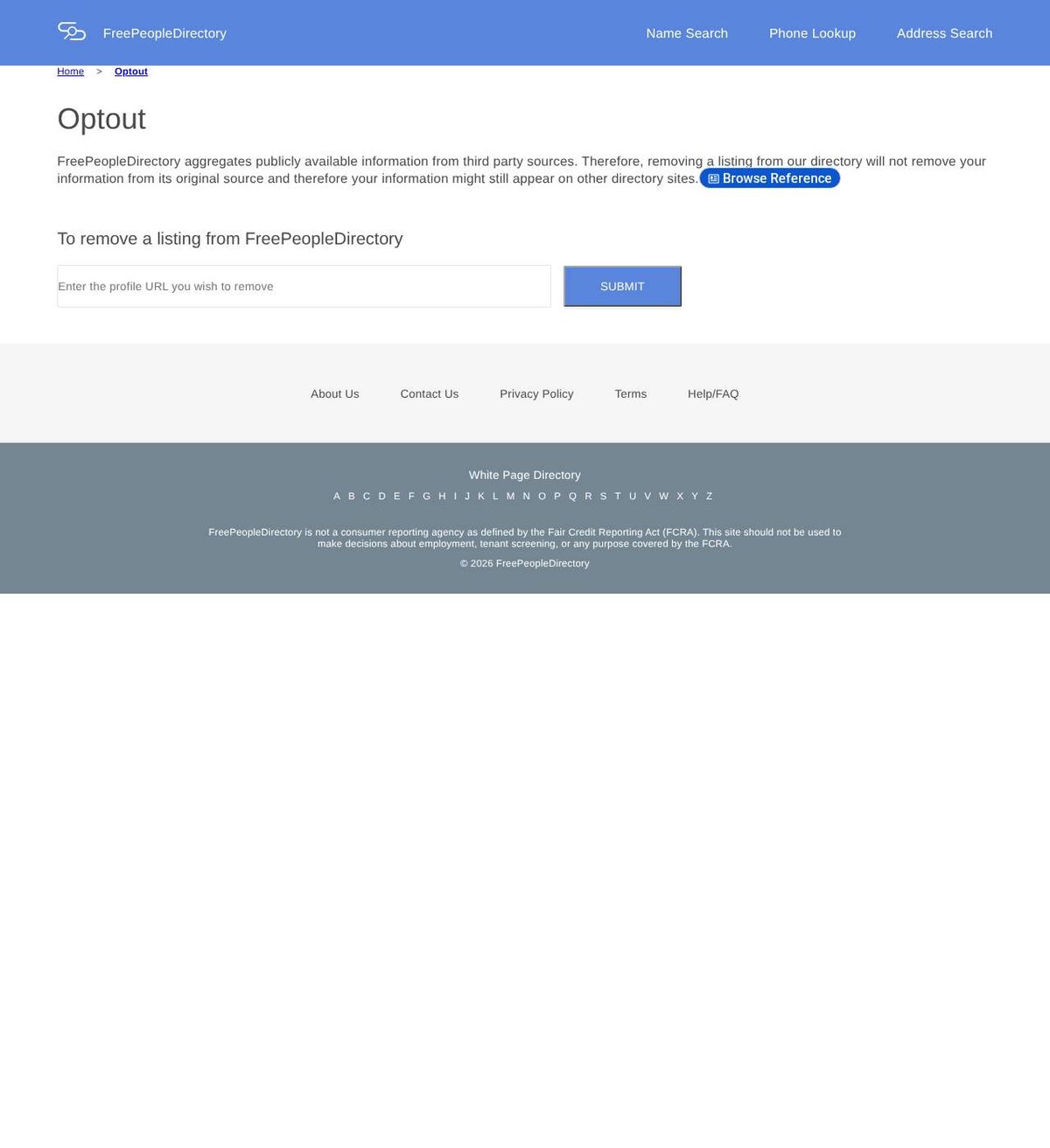 Free People Directory's opt-out page, captured 23 Oct 2026
