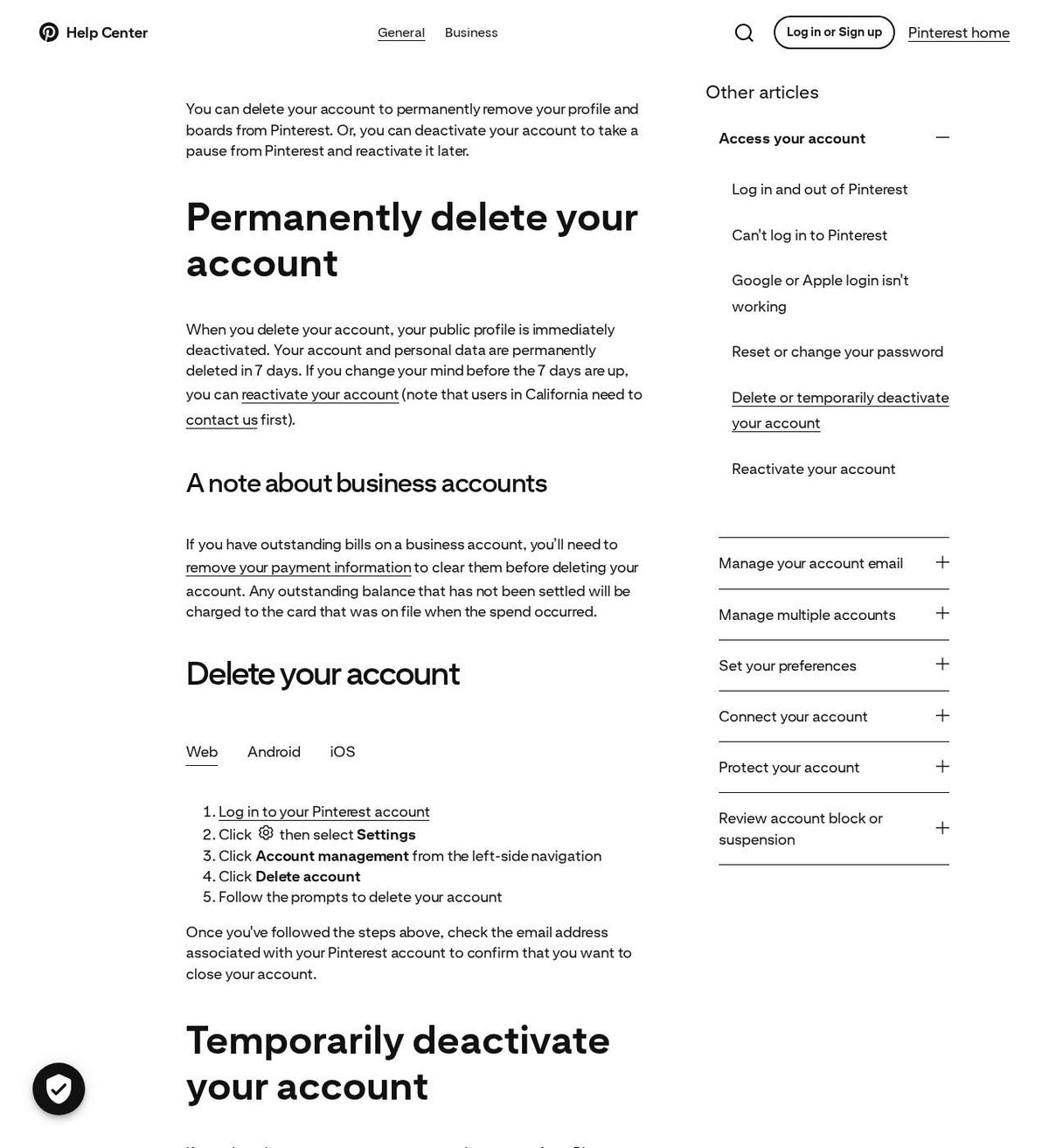 The official help page for how to delete your pinterest account, captured 23 Oct 2026