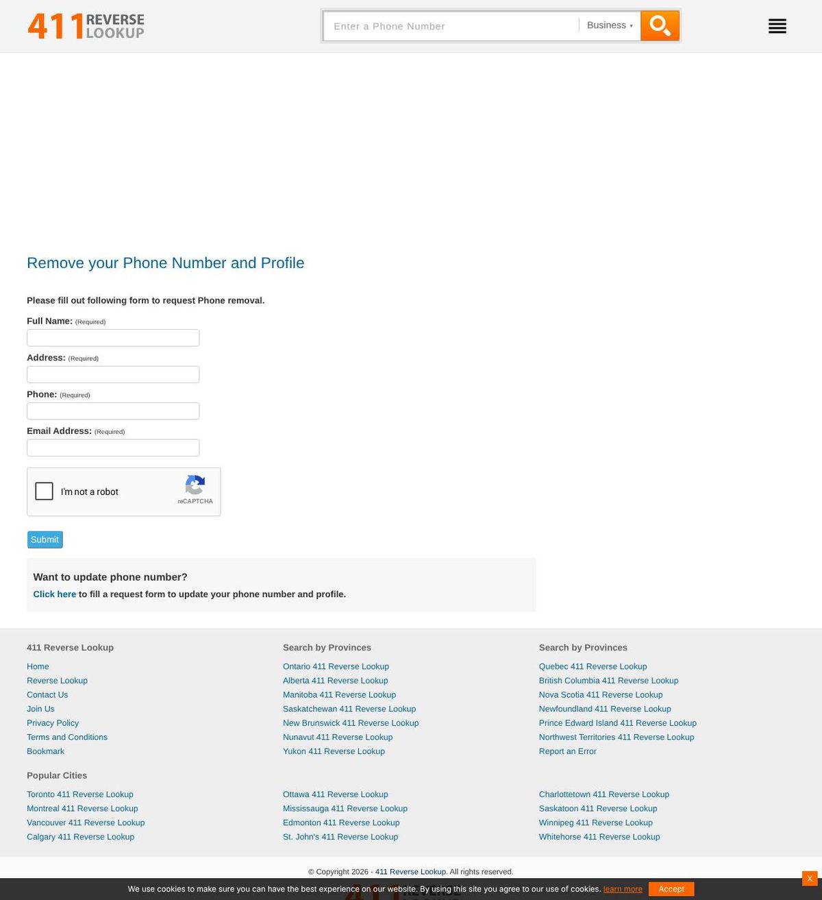 411reverselookup.ca's opt-out page, captured 23 Oct 2026