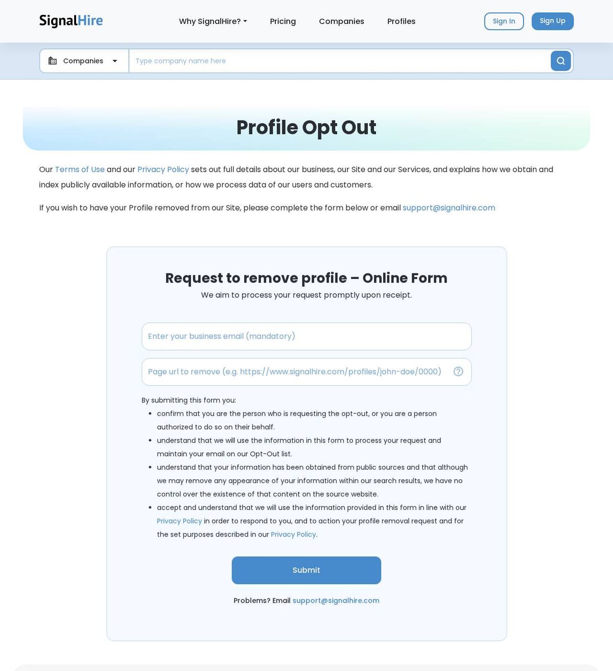 SignalHire's opt-out page, captured 23 Oct 2026