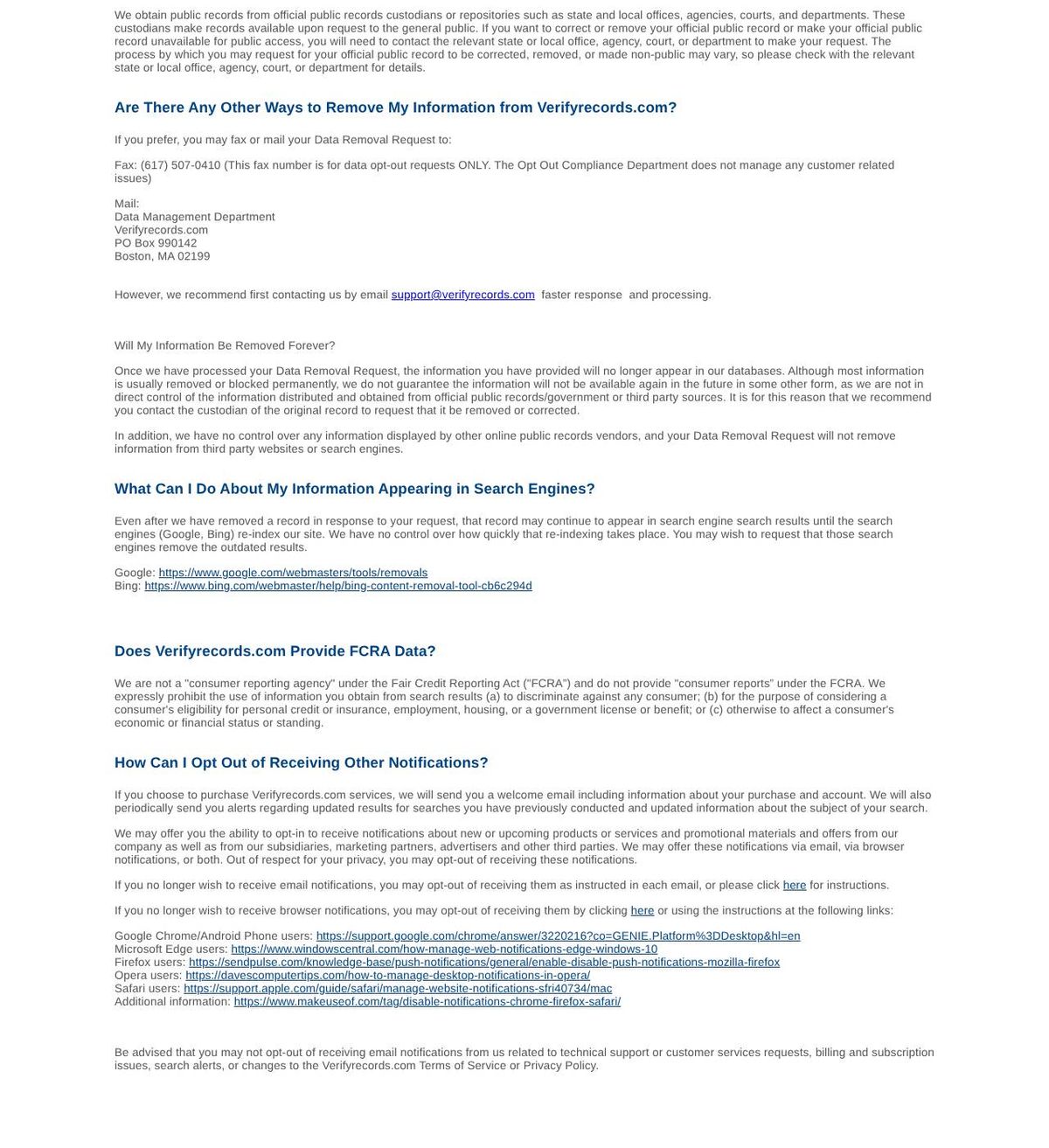 VerifyRecords's opt-out page, captured 23 Oct 2026