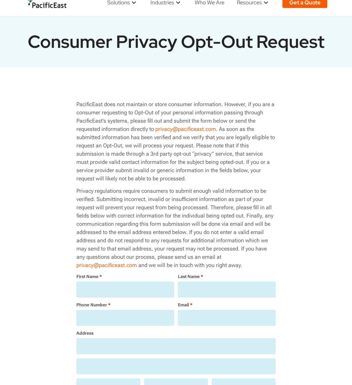 PacificEast's opt-out page, captured 23 Oct 2026