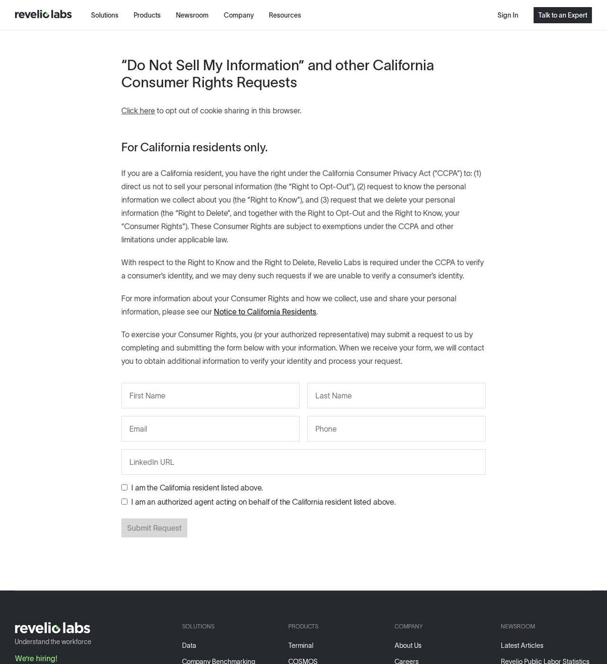Revelio Labs's opt-out page, captured 23 Oct 2026