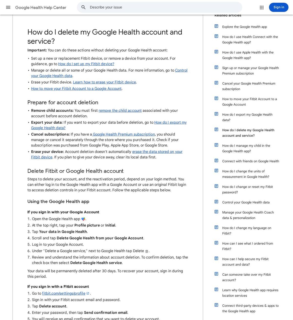 The official help page for how to delete your fitbit account, captured 23 Oct 2026