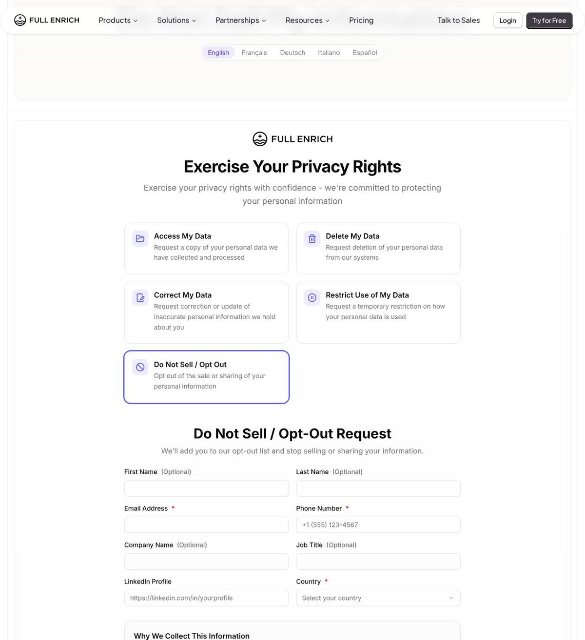 FullEnrich's opt-out page, captured 23 Oct 2026