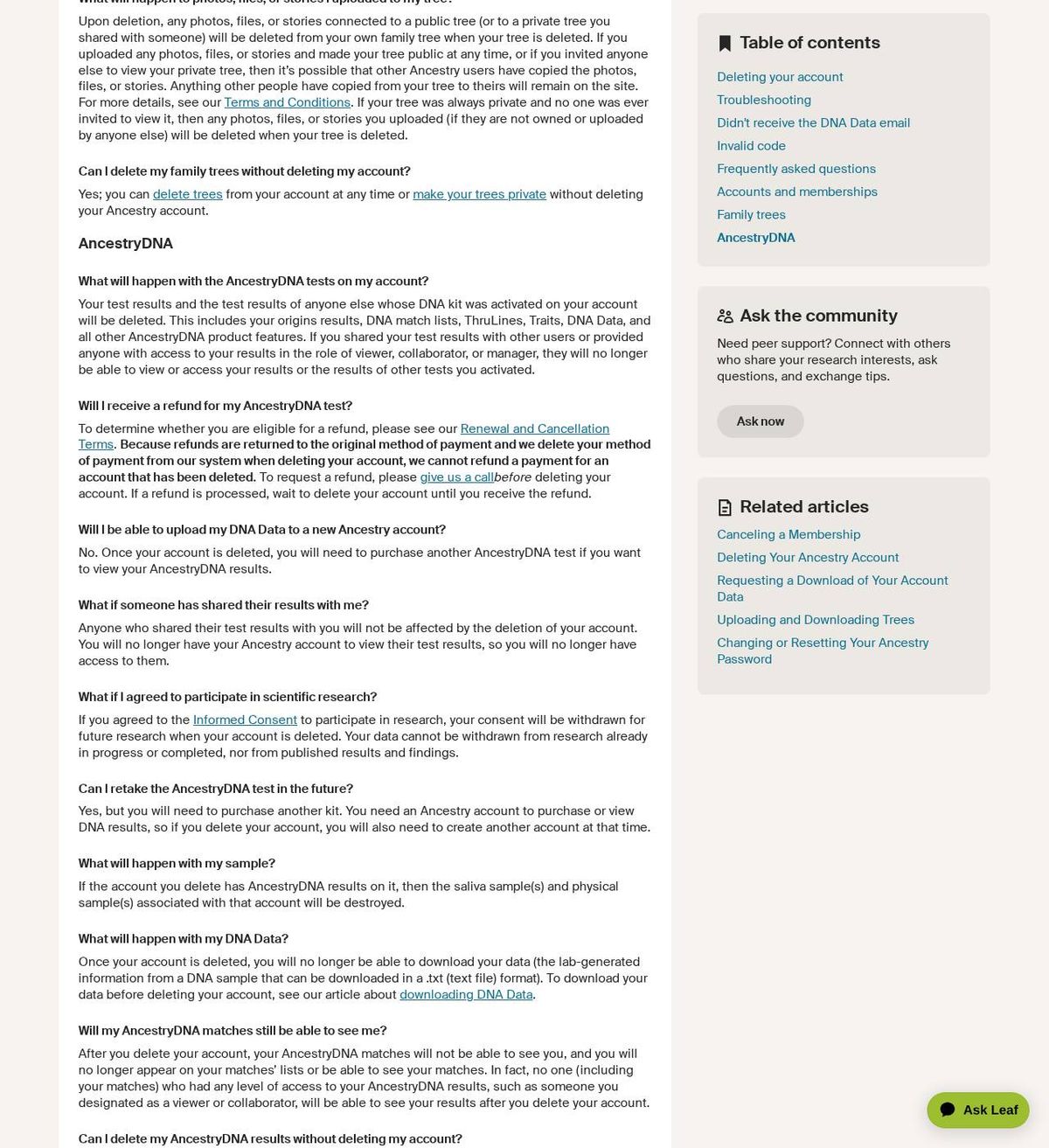 The official help page for how to delete your ancestry account, captured 23 Oct 2026