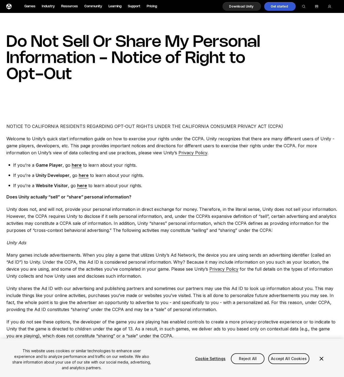 Unity's opt-out page, captured 23 Oct 2026