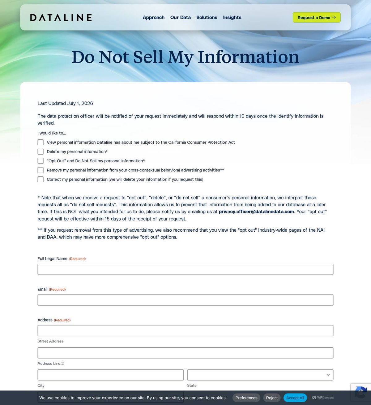 Dataline's opt-out page, captured 23 Oct 2026
