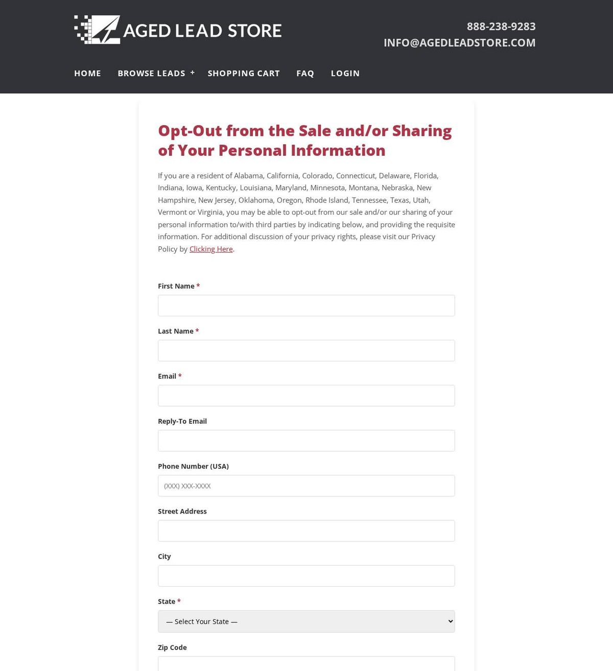 Aged Lead Store's opt-out page, captured 23 Oct 2026