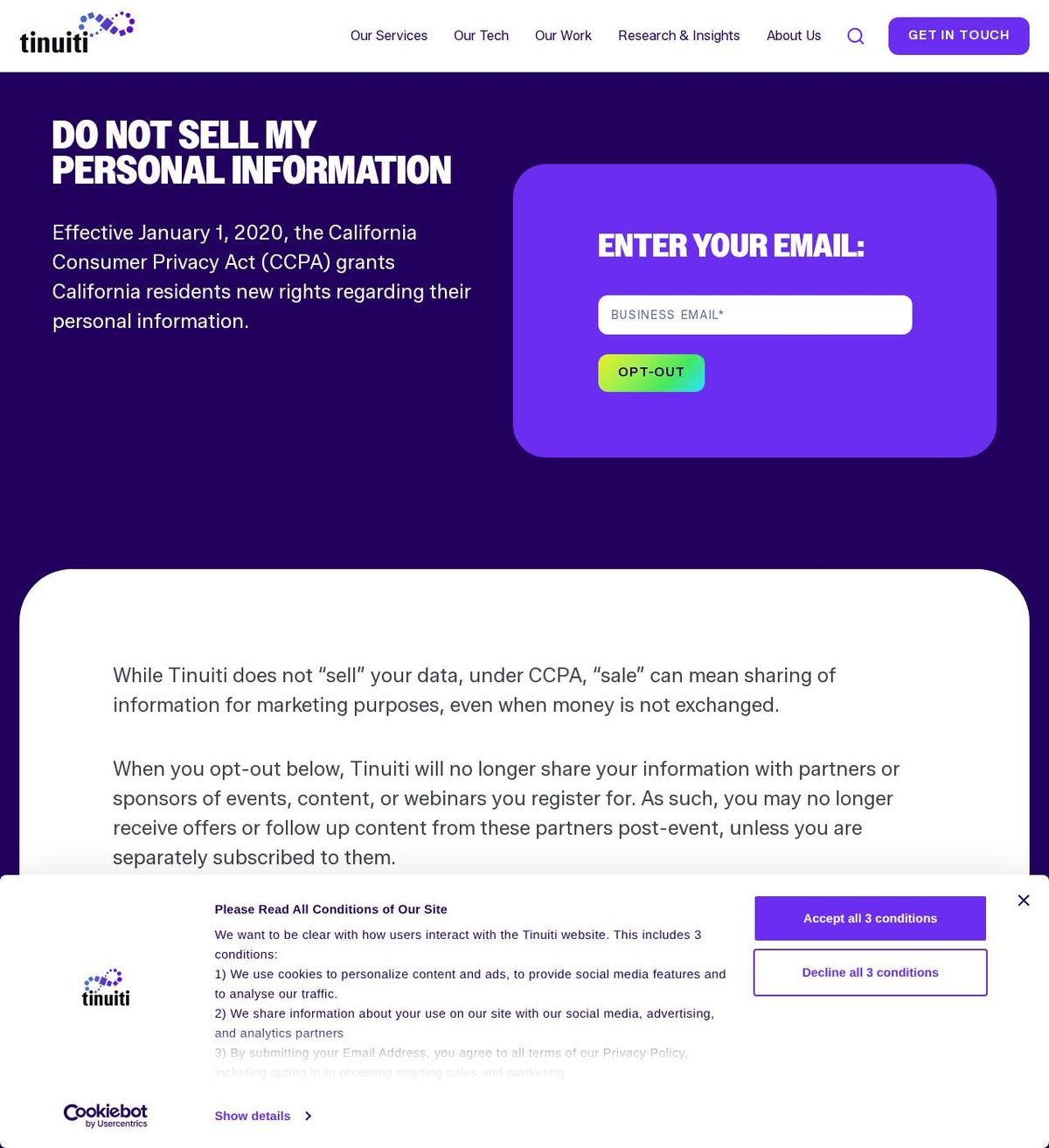 Tinuiti's opt-out page, captured 23 Oct 2026