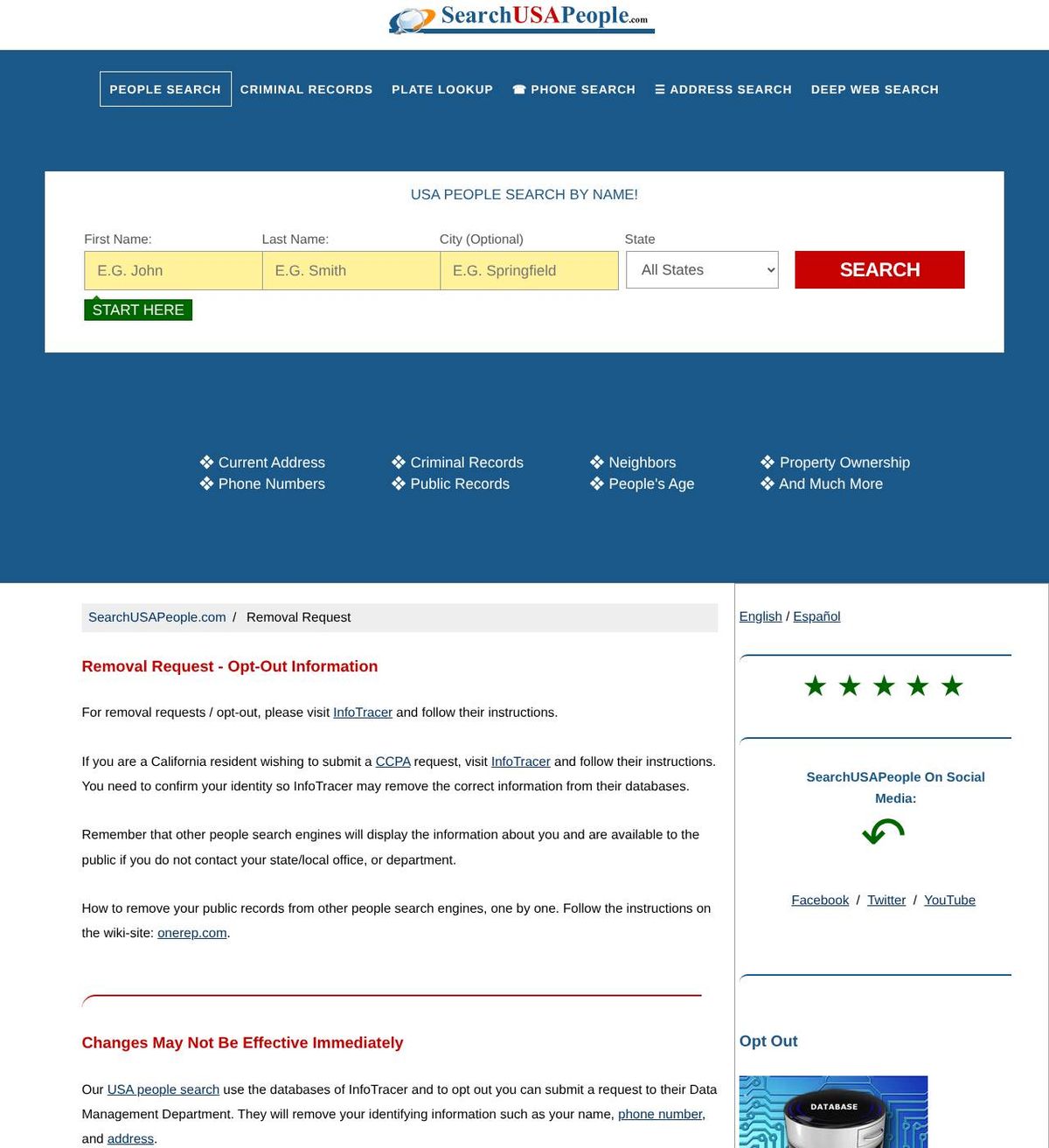 SearchUSAPeople's opt-out page, captured 23 Oct 2026