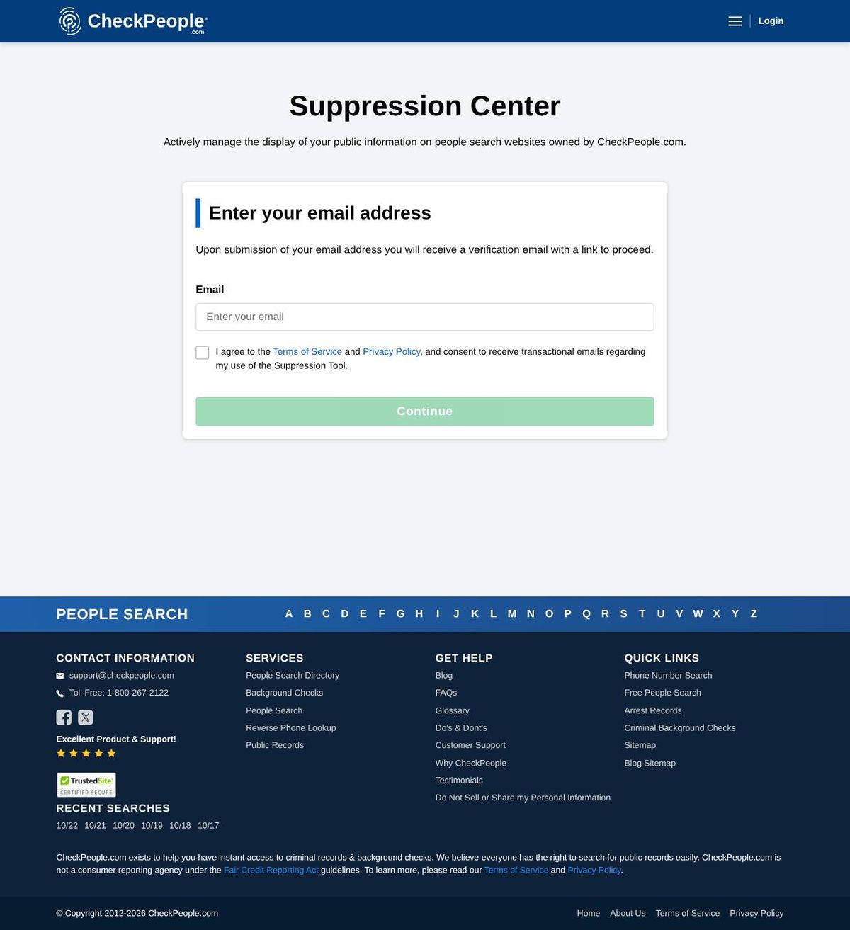 CheckPeople's opt-out page, captured 23 Oct 2026