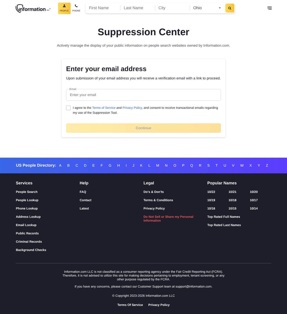 Information.com's opt-out page, captured 23 Oct 2026