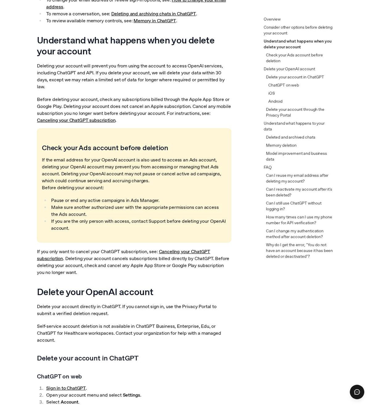 The official help page for how to delete your chatgpt account, captured 23 Oct 2026