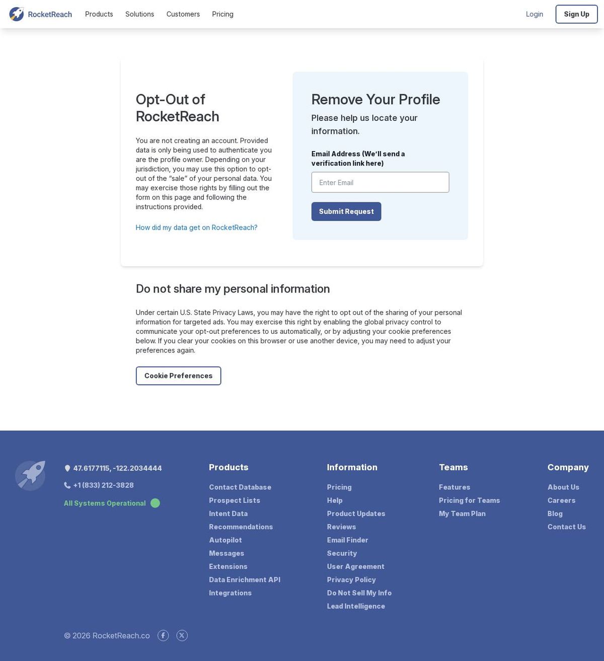 RocketReach's opt-out page, captured 23 Oct 2026