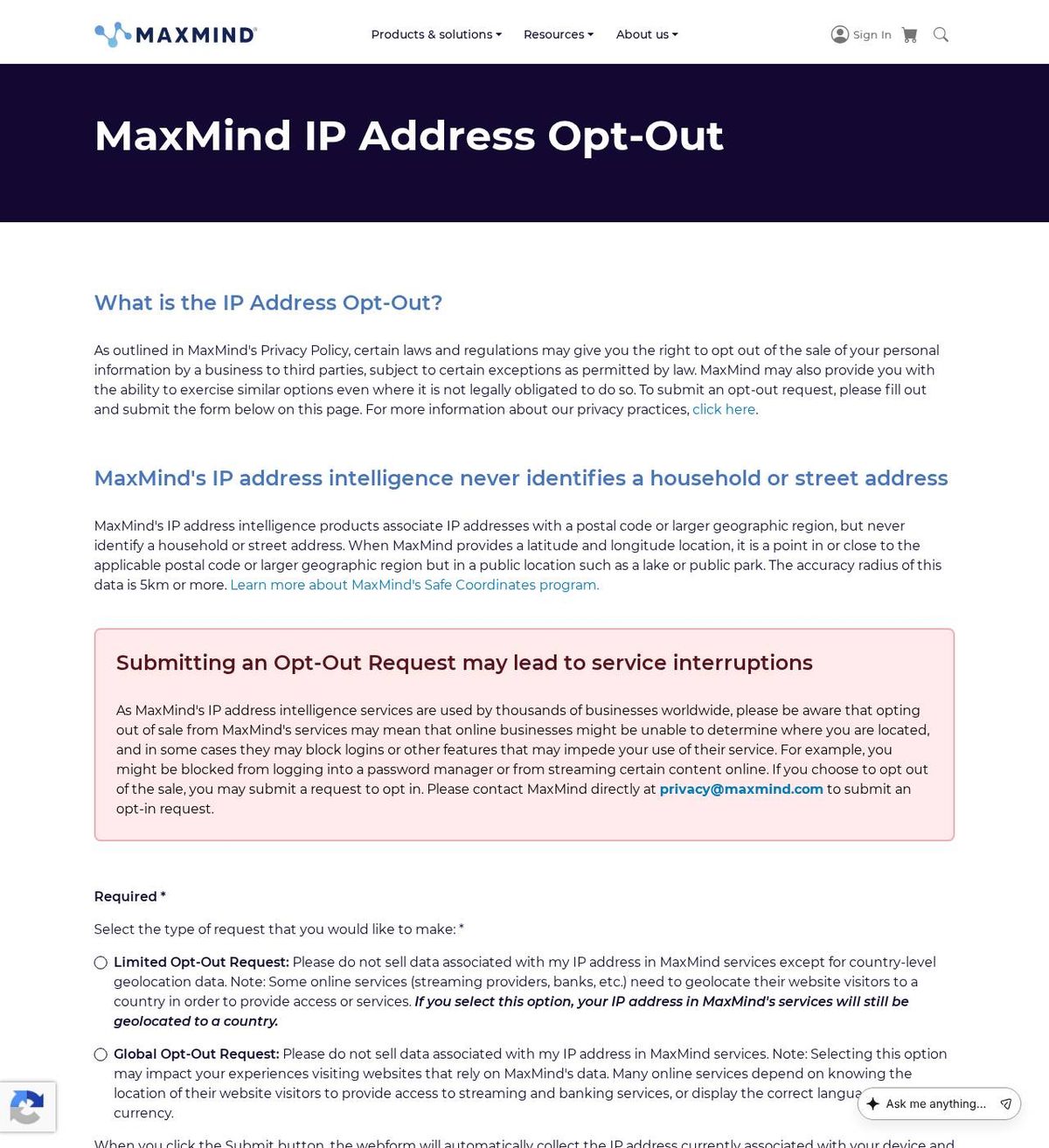 MaxMind's opt-out page, captured 23 Oct 2026