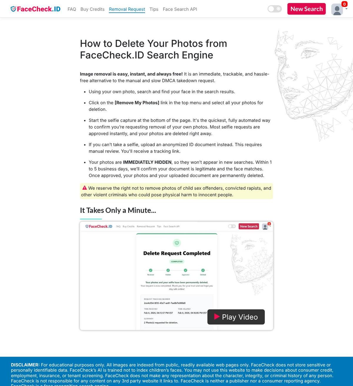 FaceCheck.ID's opt-out page, captured 23 Oct 2026