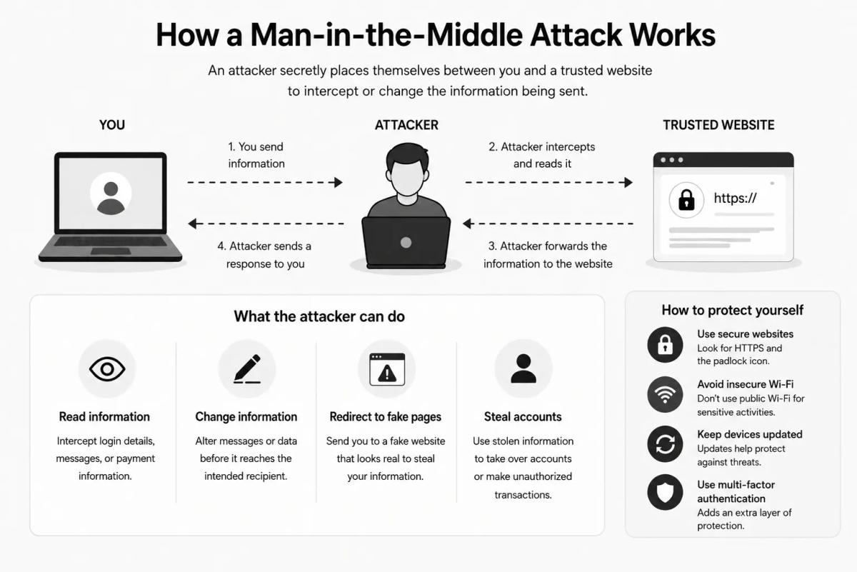 Illustration showing how a man-in-the-middle attack works, with an attacker intercepting information between a user and a trusted website.