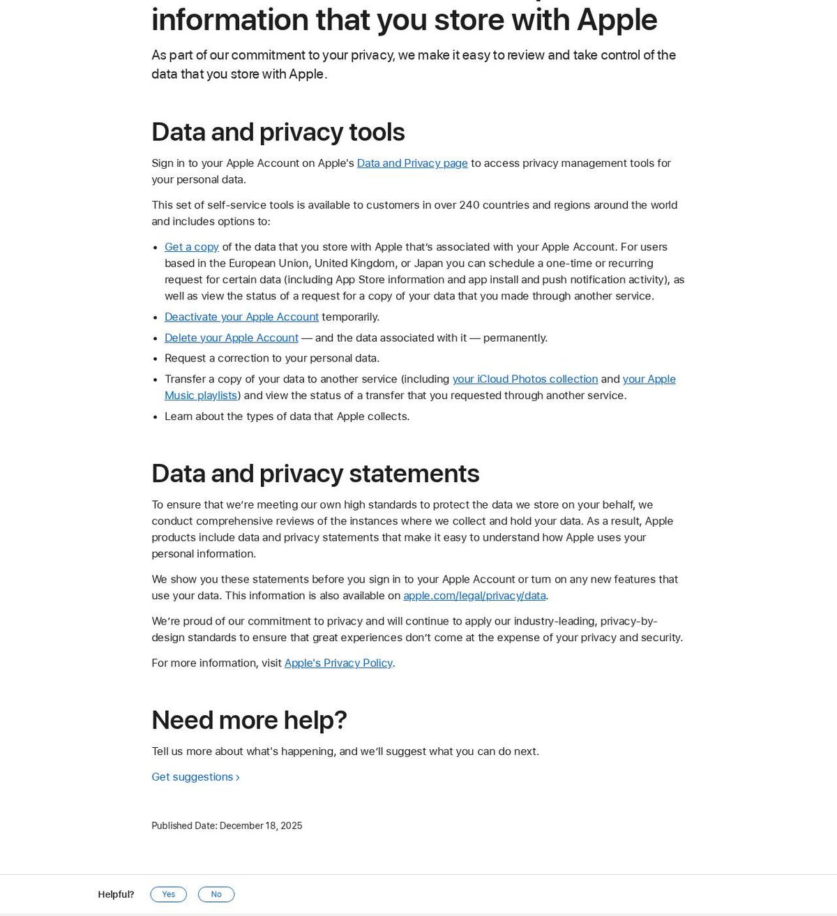 The official help page for how to delete your icloud account (apple account), captured 23 Oct 2026