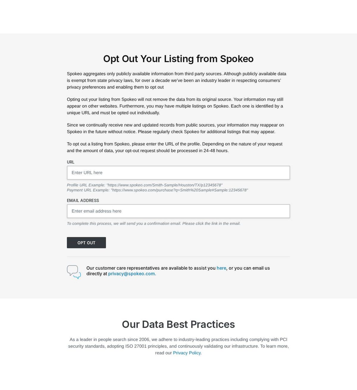 Spokeo's opt-out page, captured 23 Oct 2026