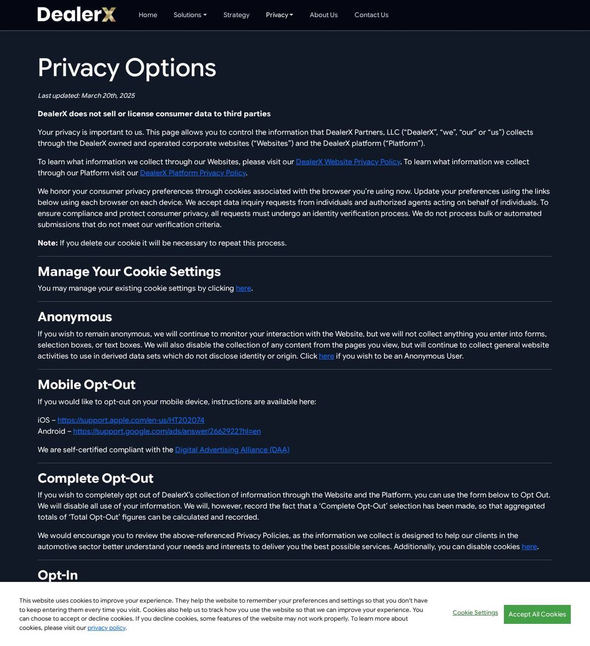 DealerX's opt-out page, captured 23 Oct 2026
