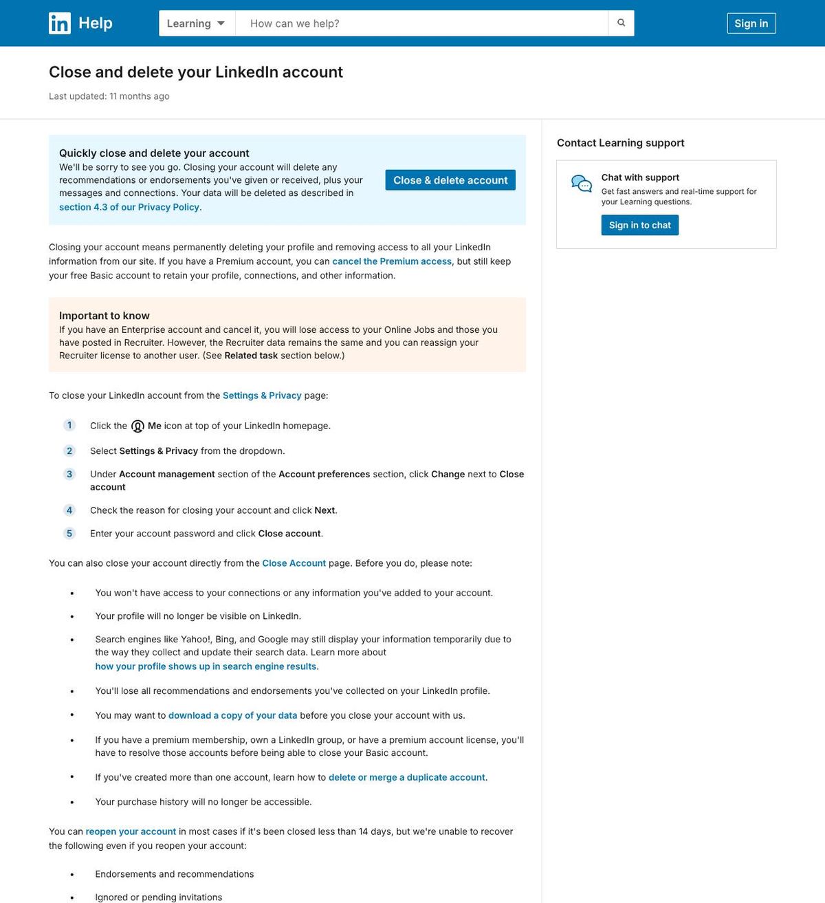 The official help page for how to delete your linkedin account, captured 23 Oct 2026