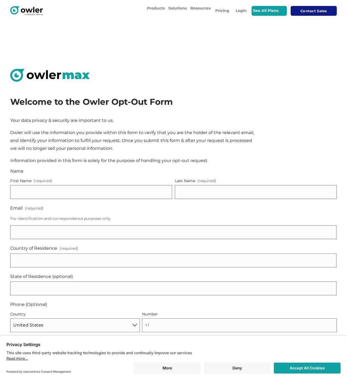 Owler, Inc.'s opt-out page, captured 23 Oct 2026