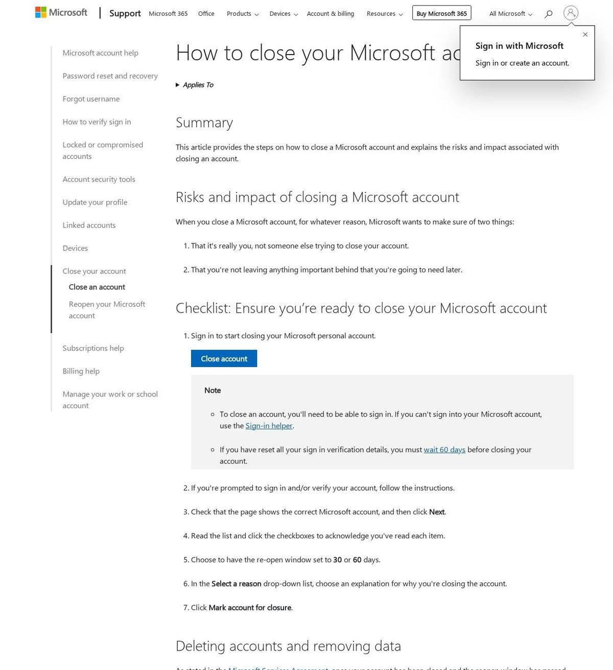 The official help page for how to delete your microsoft account, captured 23 Oct 2026