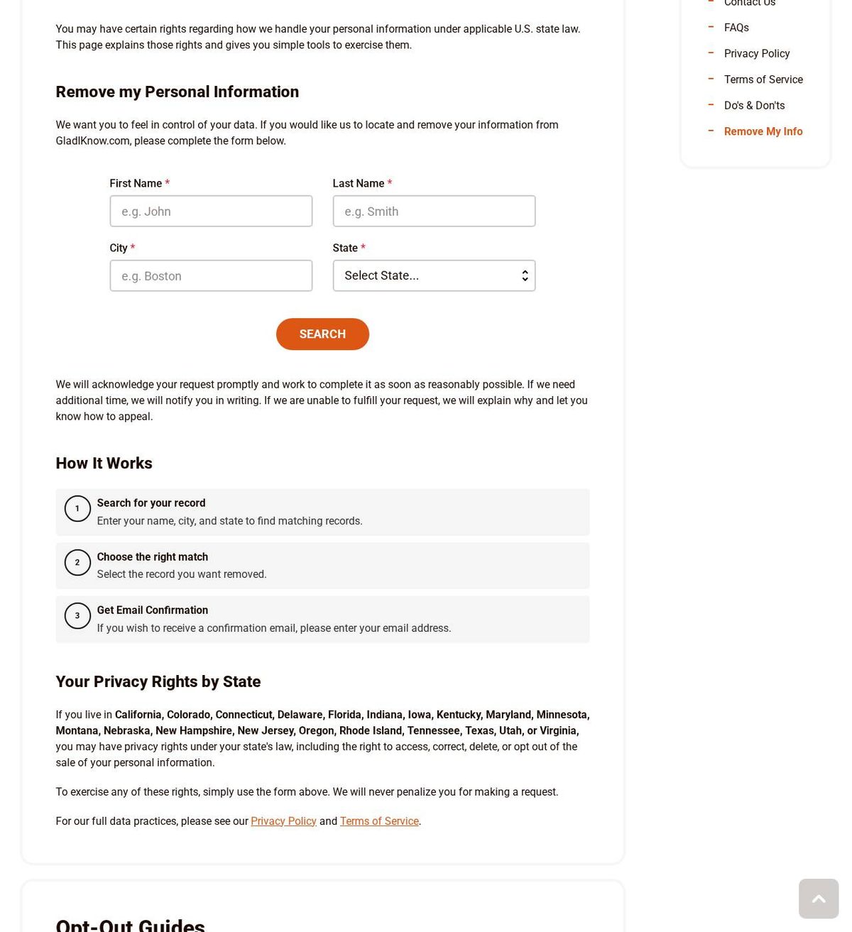 Glad I Know's opt-out page, captured 23 Oct 2026
