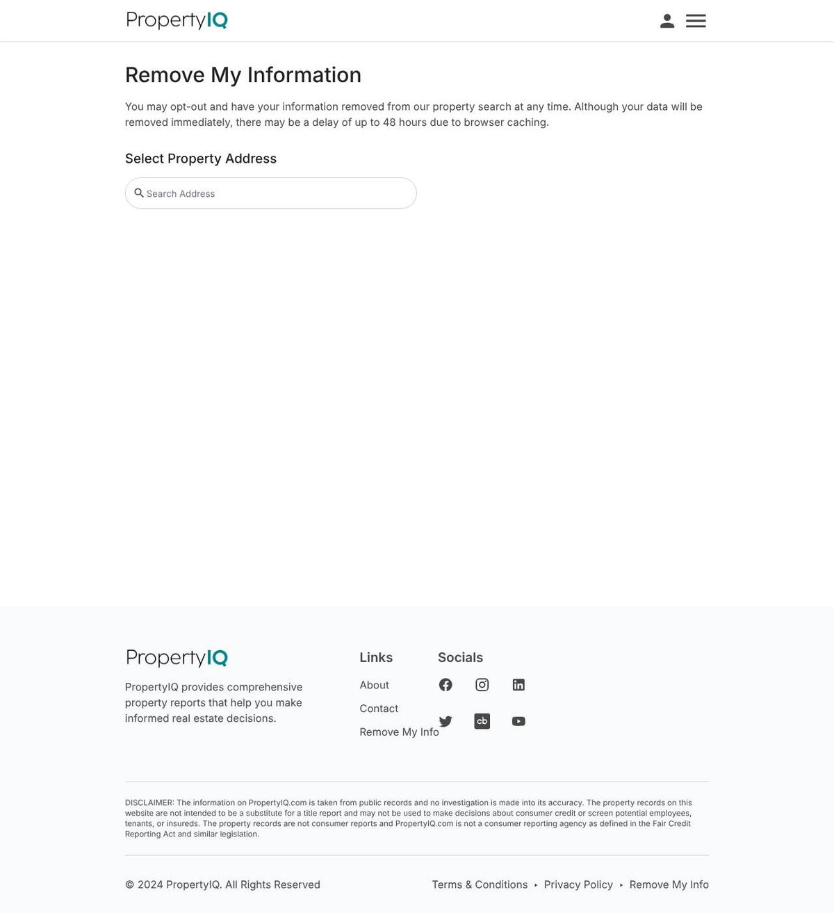 PropertyIQ's opt-out page, captured 23 Oct 2026