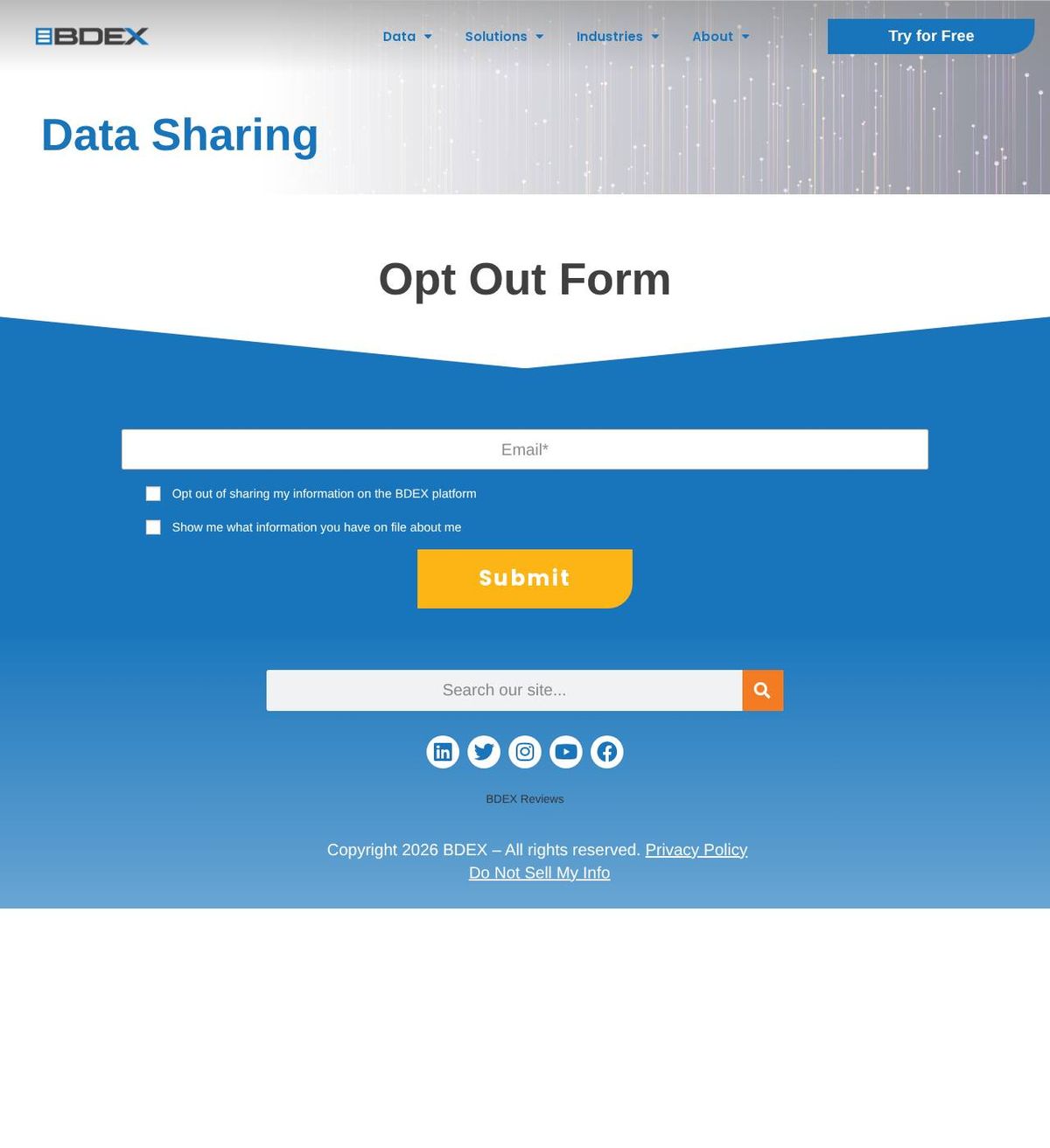 BDEX's opt-out page, captured 23 Oct 2026