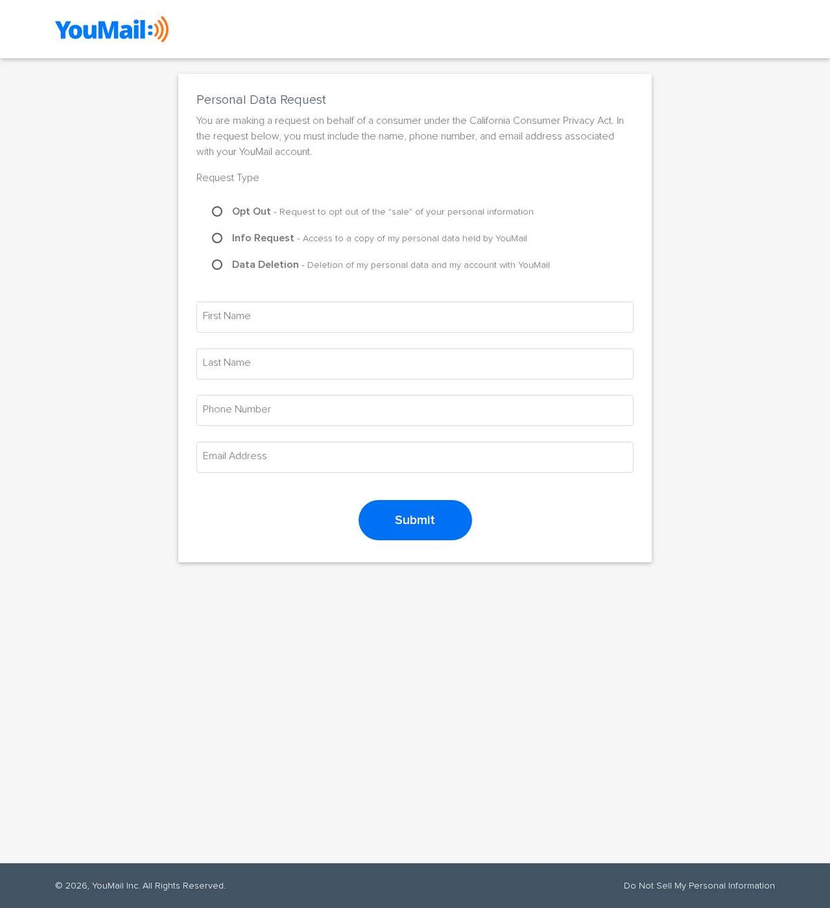 YouMail, Inc.'s opt-out page, captured 23 Oct 2026