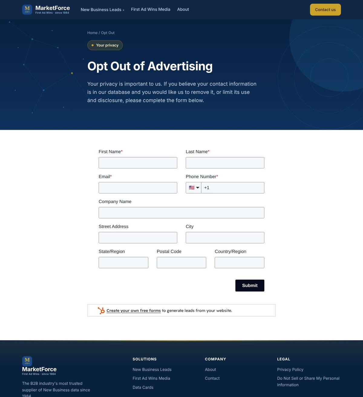 MarketForce's opt-out page, captured 23 Oct 2026